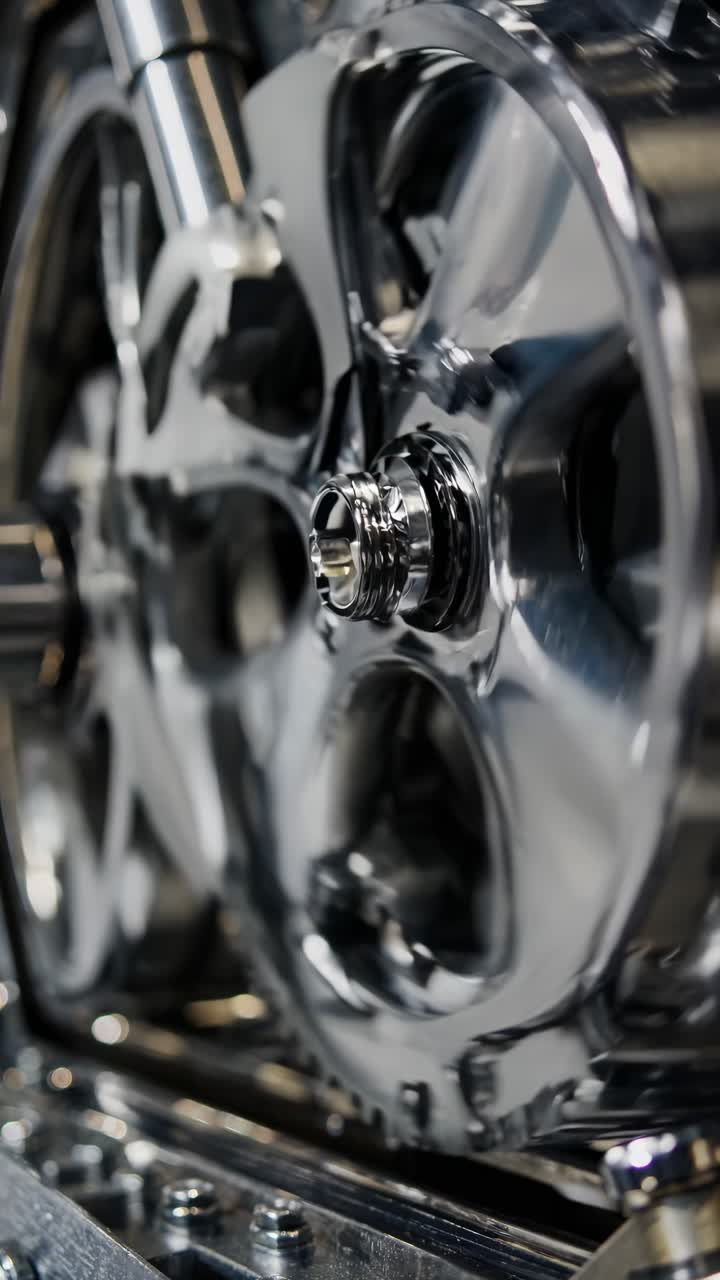 Close-up video shot of a polished chrome wheel, capturing intricate details and reflections