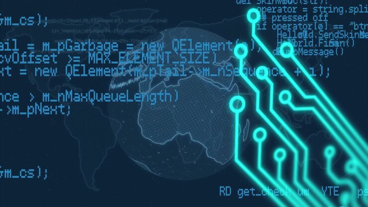 Animation of digital data processing over computer circuit board and globe