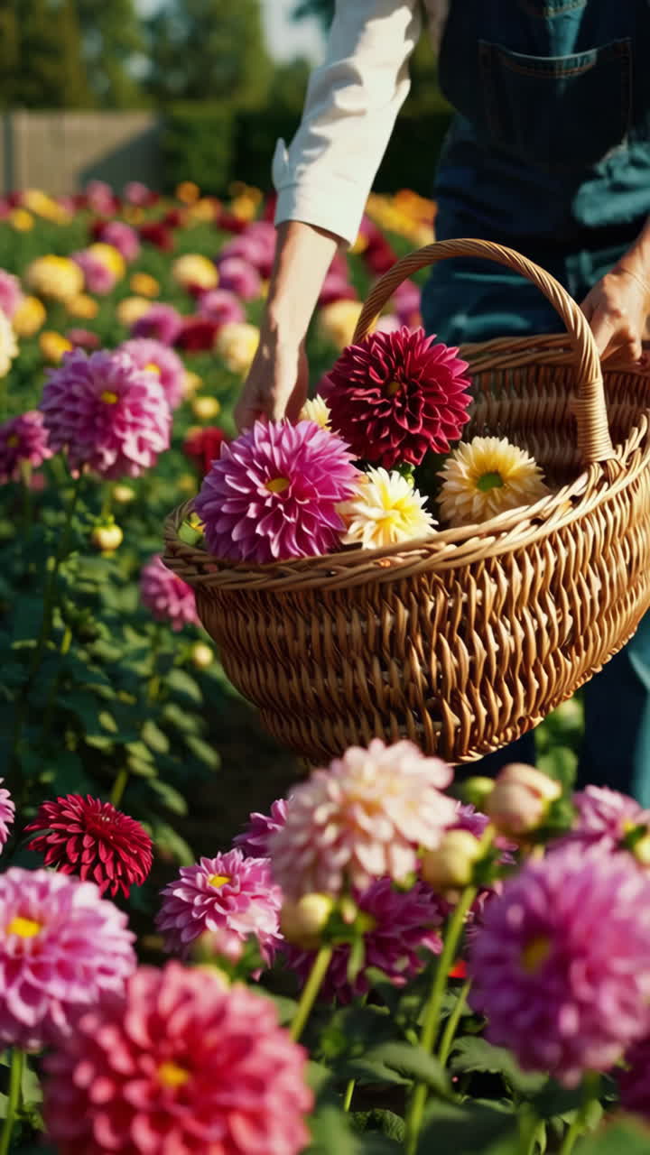 Woman harvesting colorful dahlias in a field