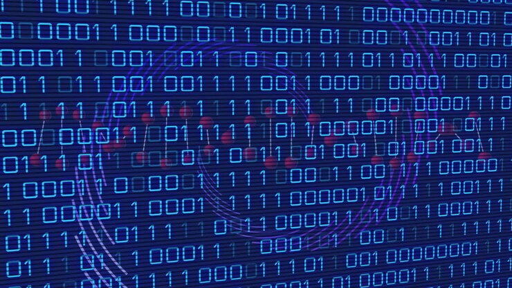 Animation of binary code and dna on navy background