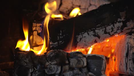 close up view of campfire of aspen made of logs burning focusing on the coals, with yellow flames, stationary shot with no movement