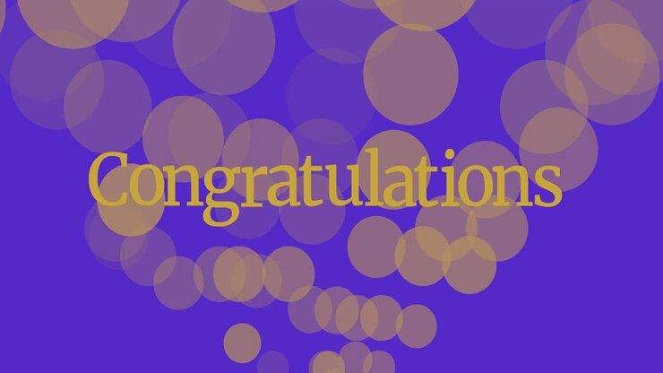Animation of floating golden dots and congratulations on blue background