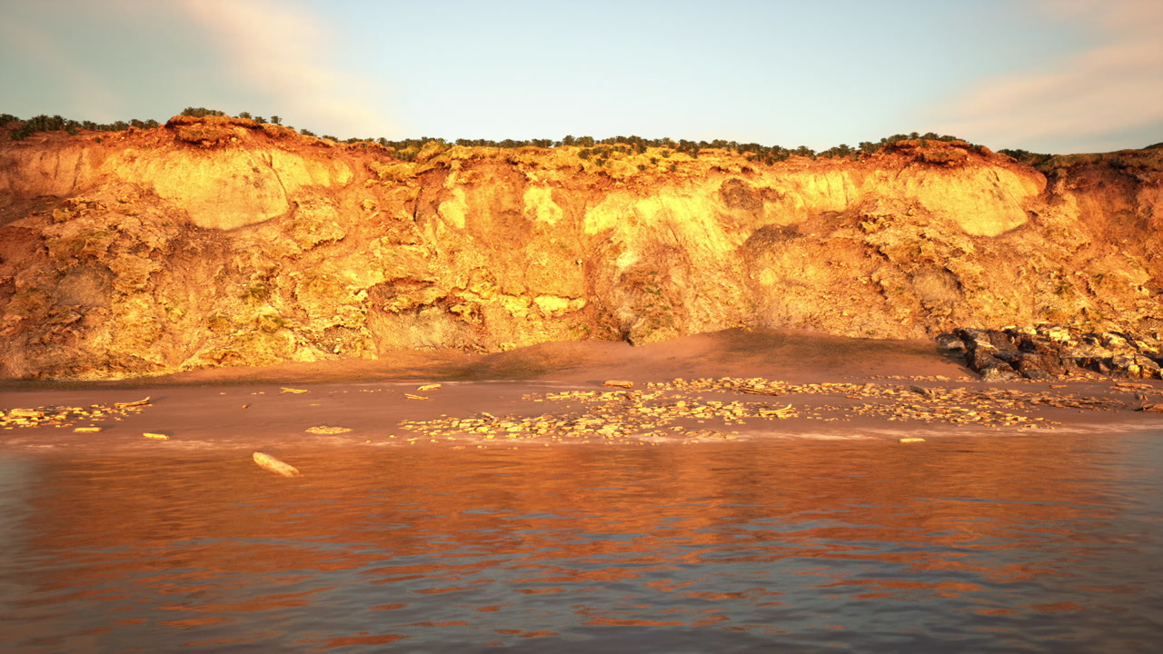 Sunset golden cliff above calm sea drone scanning coastline in warm glow