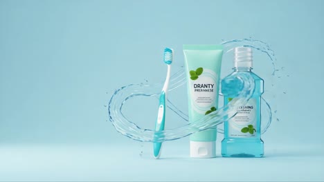 a refreshing dental care display featuring a toothbrush, minty toothpaste, and mouthwash with water splashes on a cool blue background