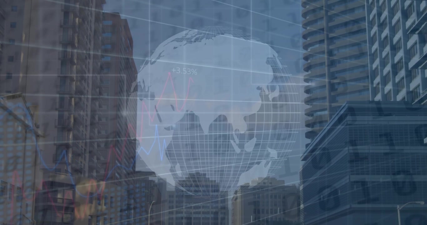 Animação de processamento de dados financeiros e globo com paisagem urbana.