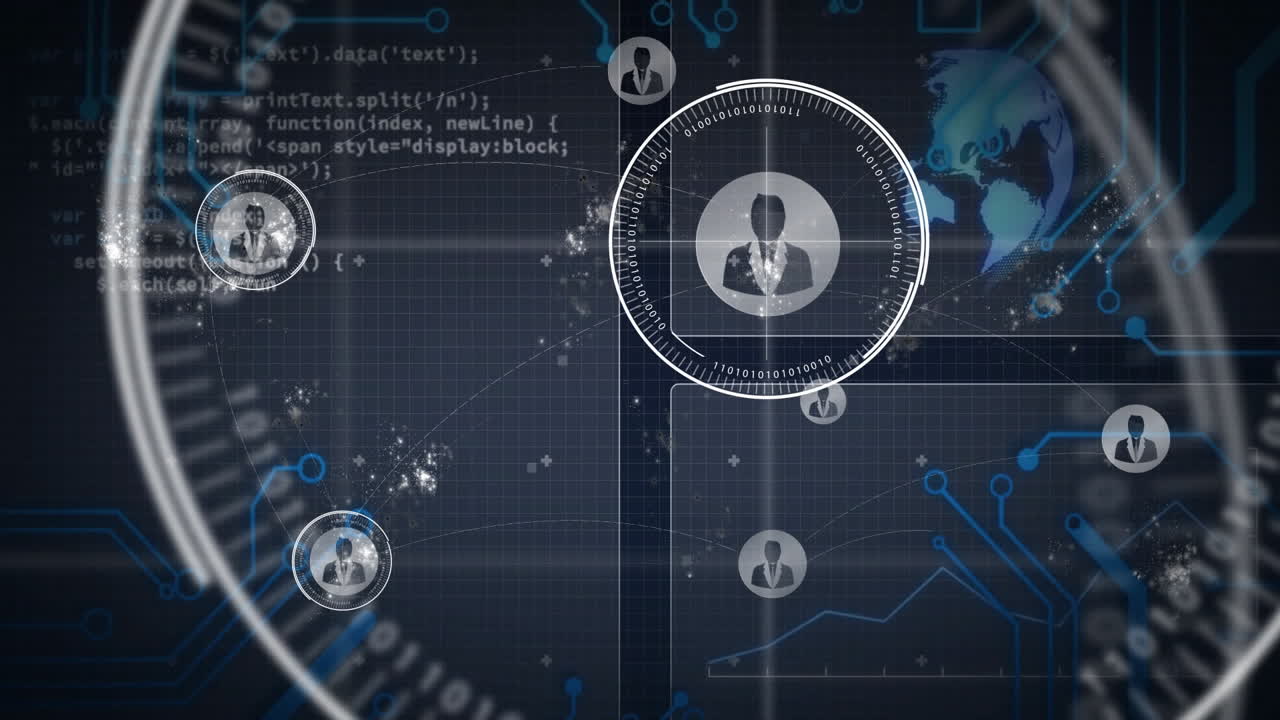 Digital network connections and data processing animation over global map background