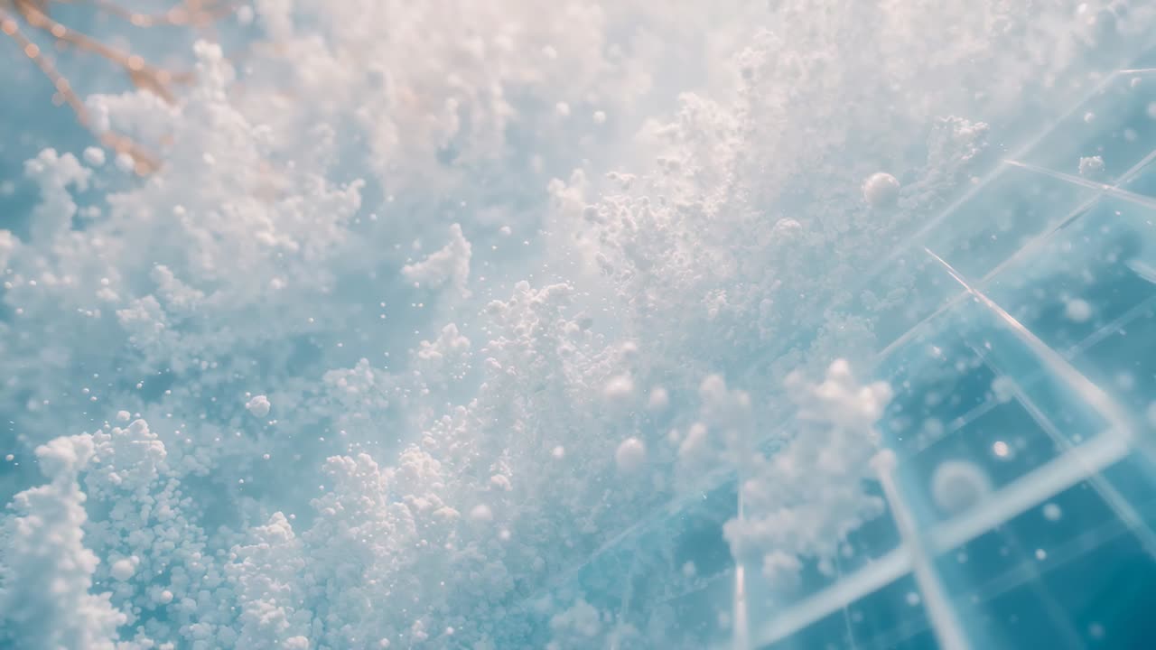 Rising white foam clusters forming after upward drift over blue grid, with bubbles, twig