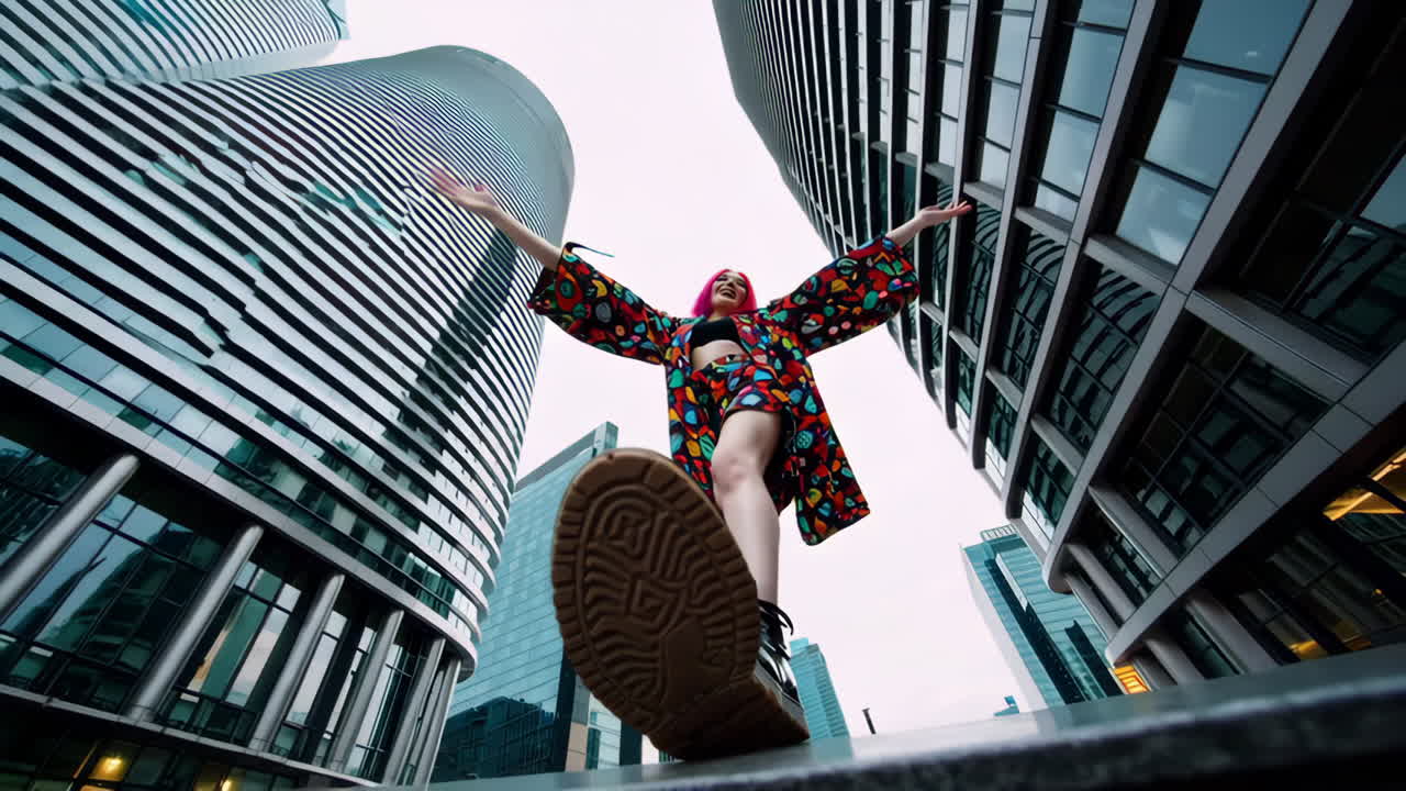 Vibrant Woman in a City of Skyscrapers