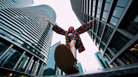 vibrant woman in a city of skyscrapers