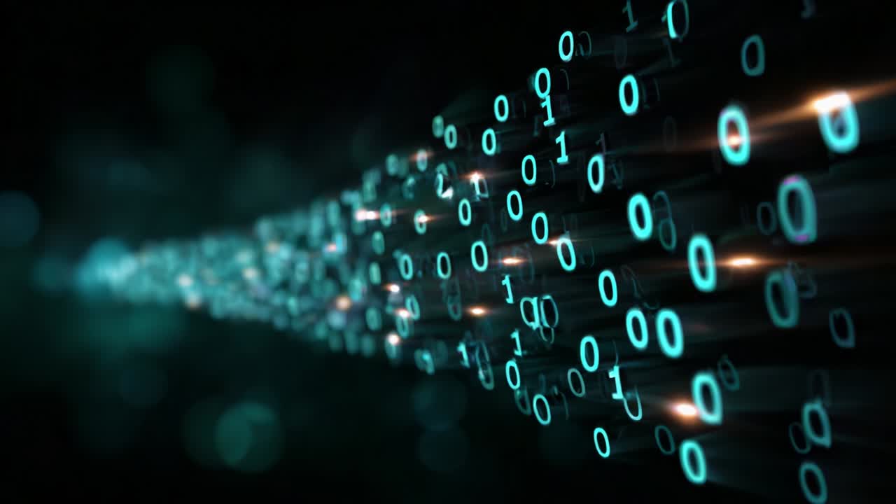 A mesmerizing visual representation of digital data flow, showcasing a dynamic stream of glowing binary numbers illustrating the essence of technology, algorithms, and information transmission in a futuristic context