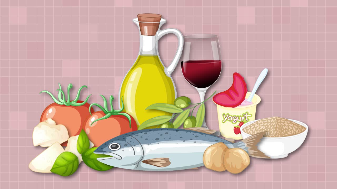 Healthy Mediterranean foods animate together, forming a complete group on a soft pink background