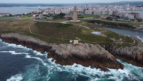 Torre-de-Hércules-Lighthouse-and-A-Coruña-City,-Atlantic-Coast-AERIAL