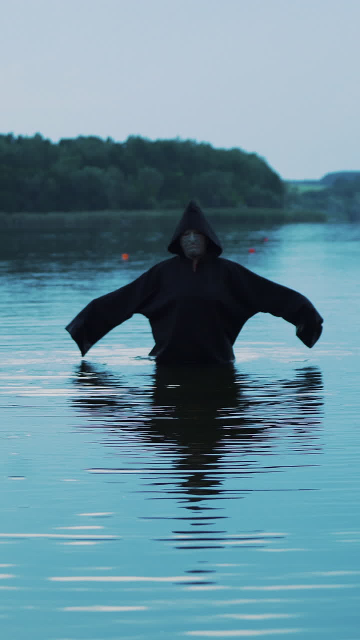 Evil witch in black cloak with hood in the river. Halloween costume.. Vertical video