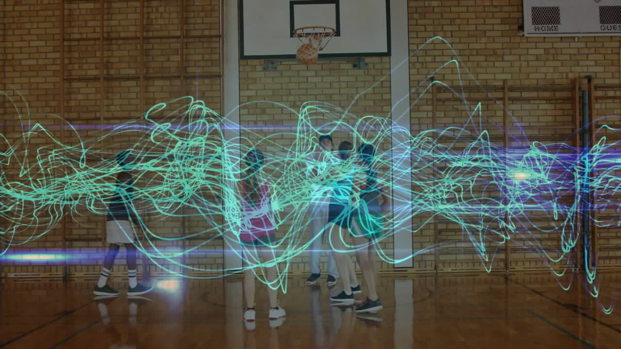 Five players shifting by school hoop tracking rising orange ball as teal wave sweeping mid rebound