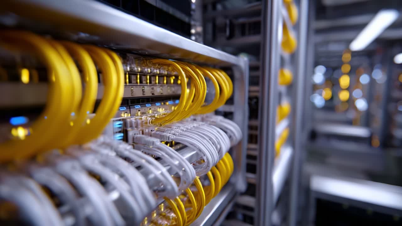 A Close-Up View of Data Center Cabling: Organized Fiber Optics and Ethernet Connections Illuminating the Modern Networking Infrastructure