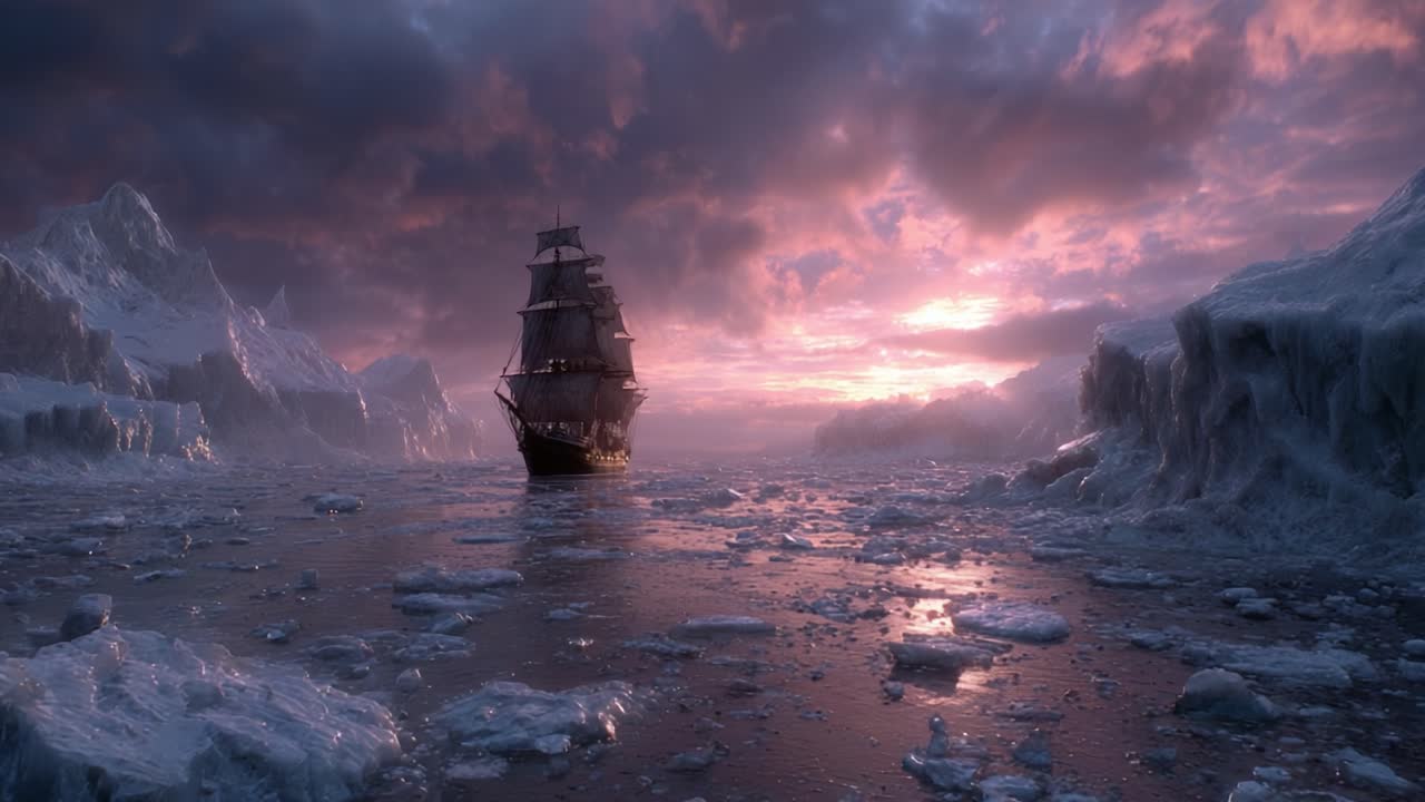 An Enigmatic Voyage: A Majestic Ship Navigating Through Frozen Waters, Amidst Glowing Icebergs and a Stunning Twilight Sky Filled with Dramatic Colors