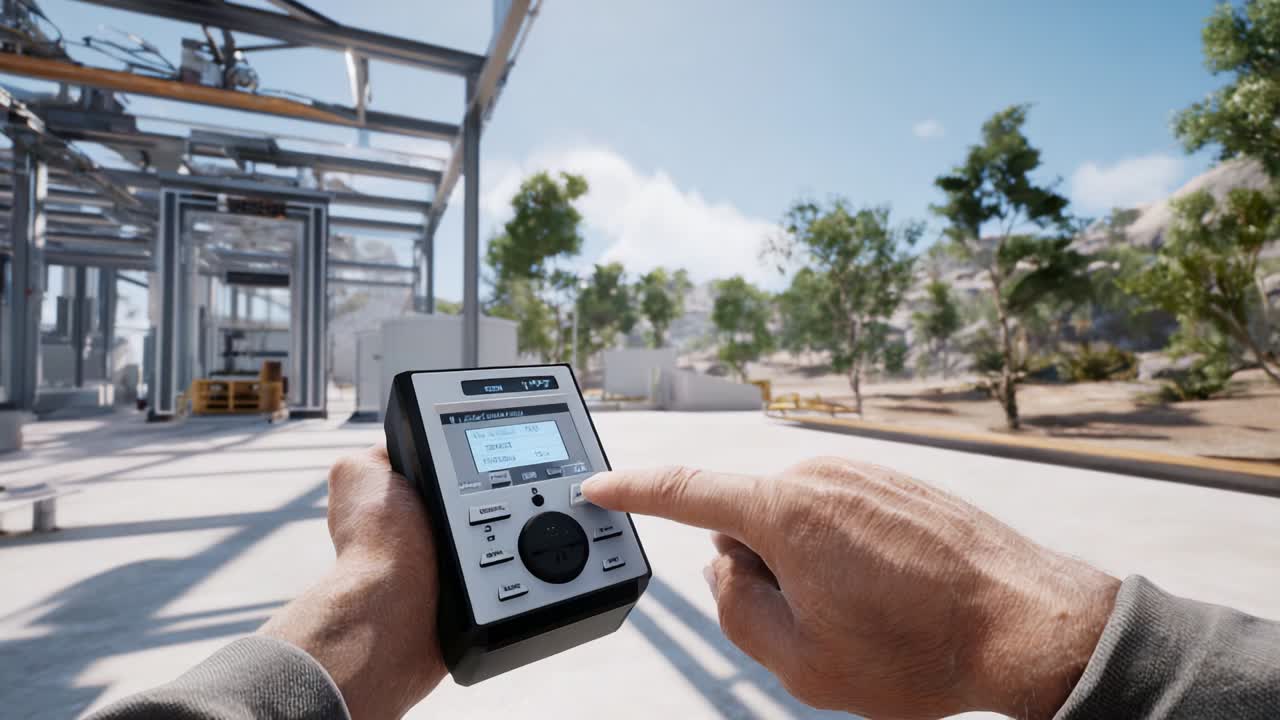 A Close-Up View of a Hand Operated Digital Control Device in an Industrial Environment, Showcasing the User's Interaction with Technology Amidst a Background of Modern Equipment and Natural Landscape