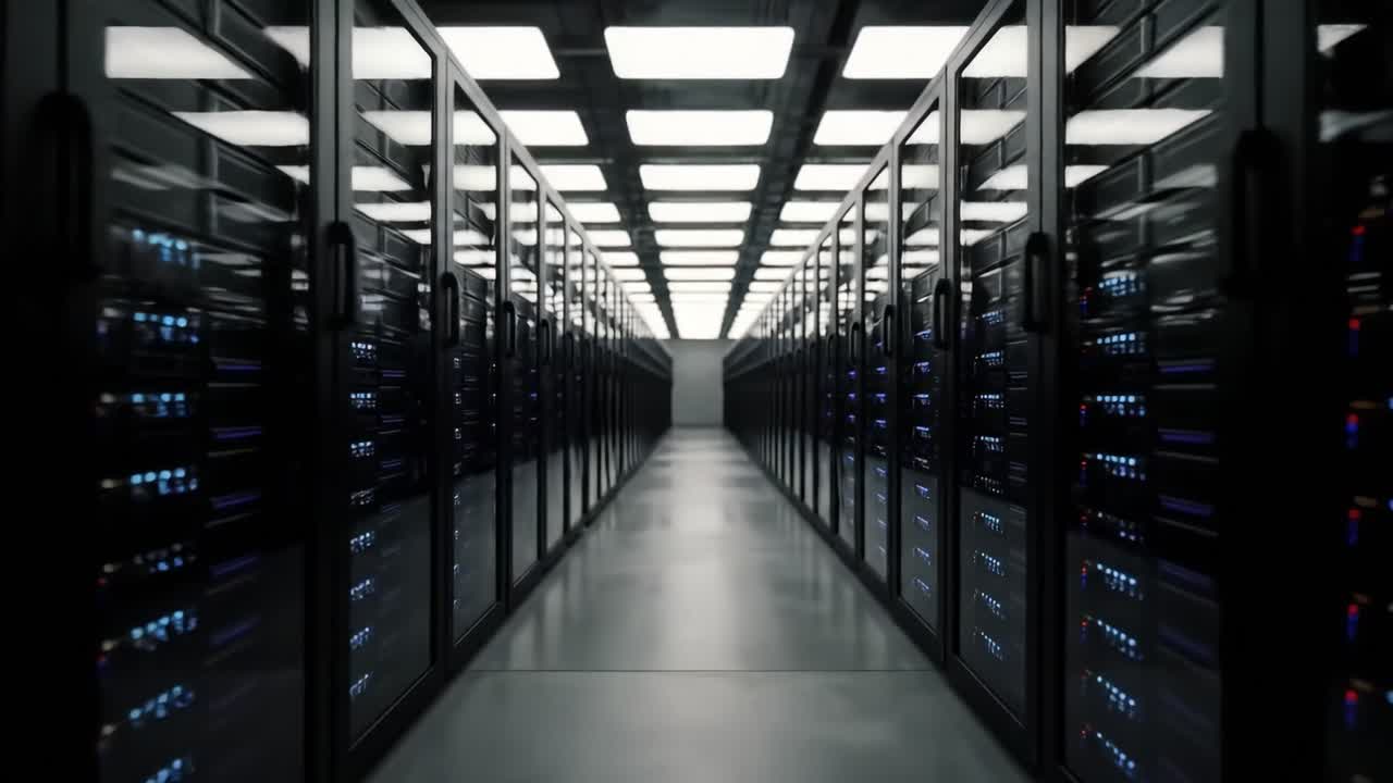 Inside a cutting-edge server room, rows of dark cabinets glow with blue lights. The space is designed for optimal data storage and processing capabilities, reflecting modern technology.