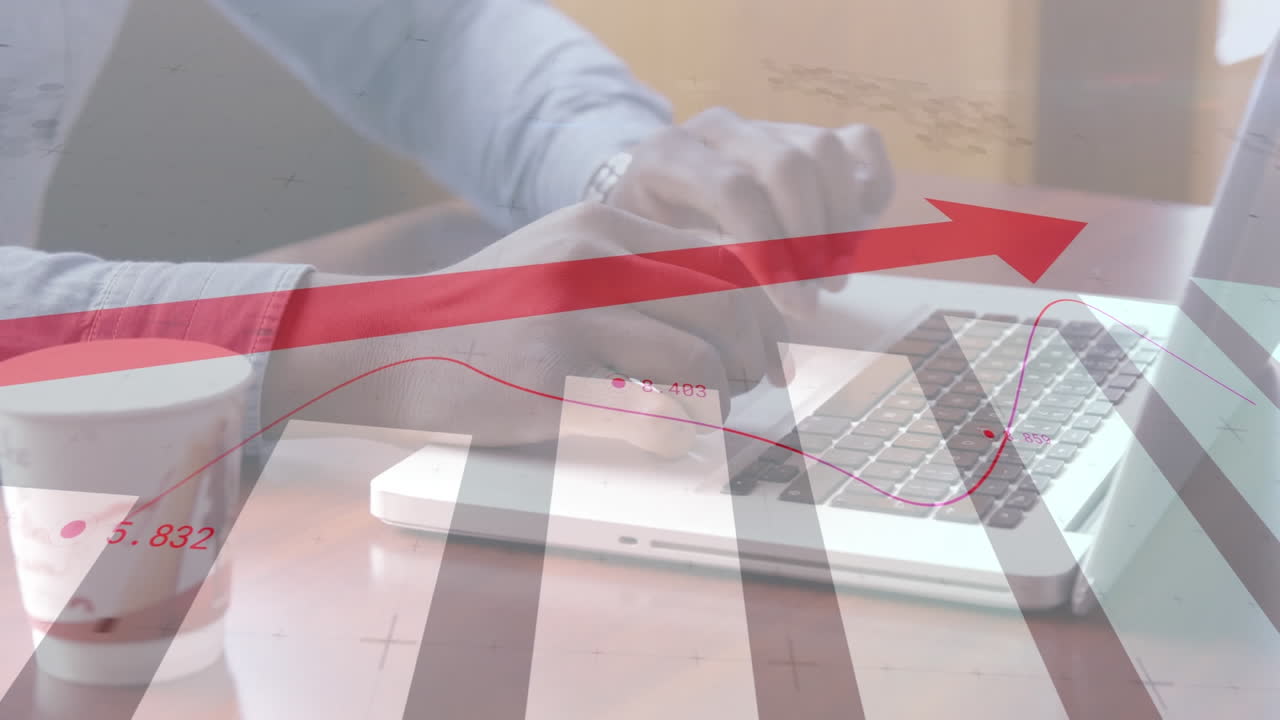 ⁇ 은 화살표의 애니메이션과 노트북을 사용하는 사업가에 대한 통계 처리