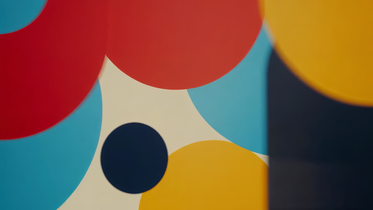 Starting at right edge sliding dark bar covering semicircles on backdrop beside black circle