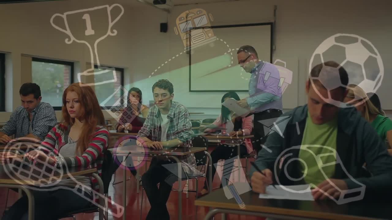 animación de iconos del deporte y la educación en el cáucaso maestro masculino dando exámenes a estudiantes adolescentes