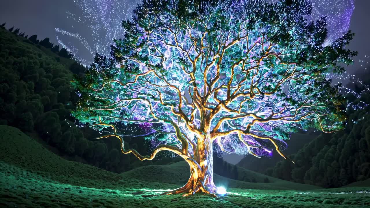 A mystical tree glowing with colorful lights in a nighttime landscape
