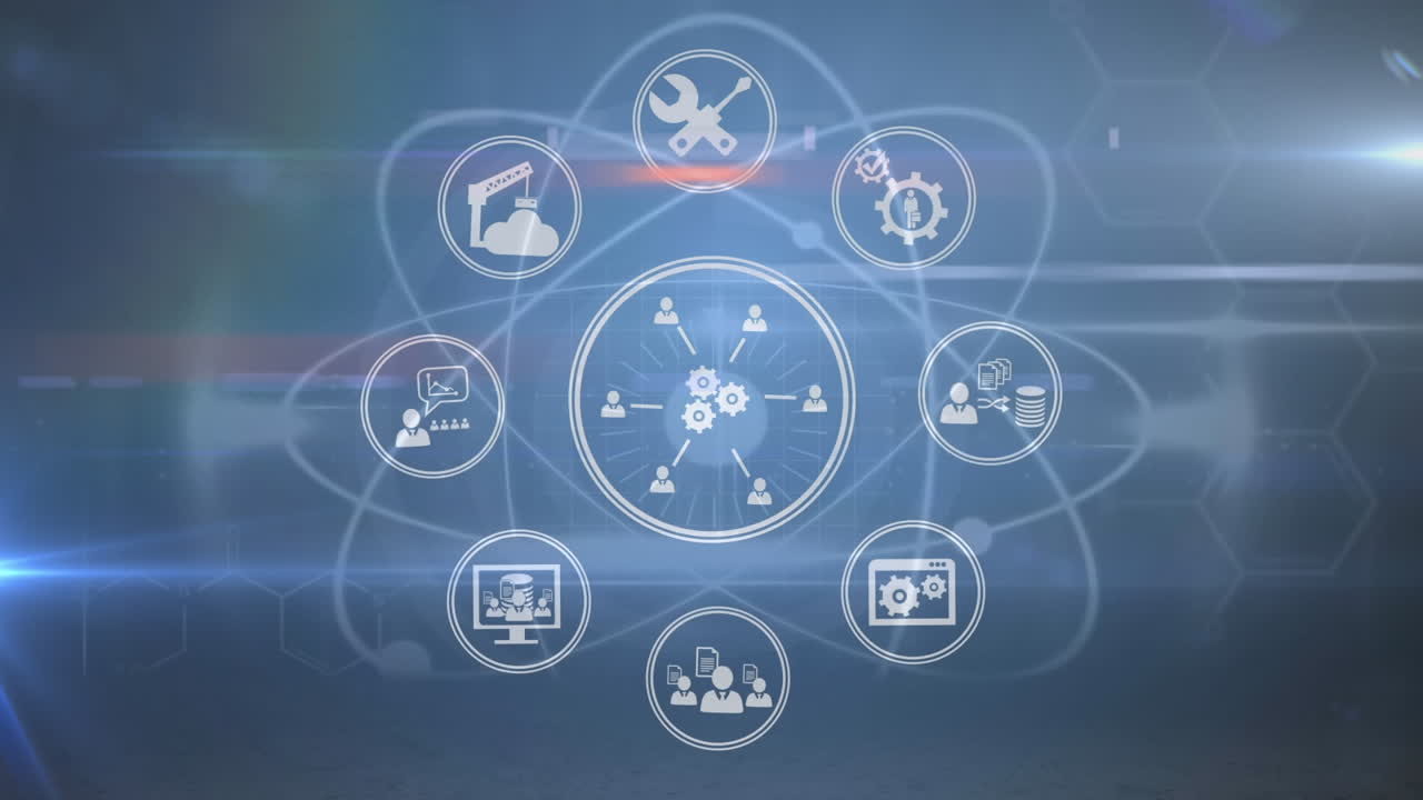 iconos digitales girando contra puntos de luz sobre un fondo azul