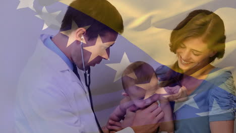 animation of flag of bosnia and herzegovina over caucasian mother and male doctor treating her baby