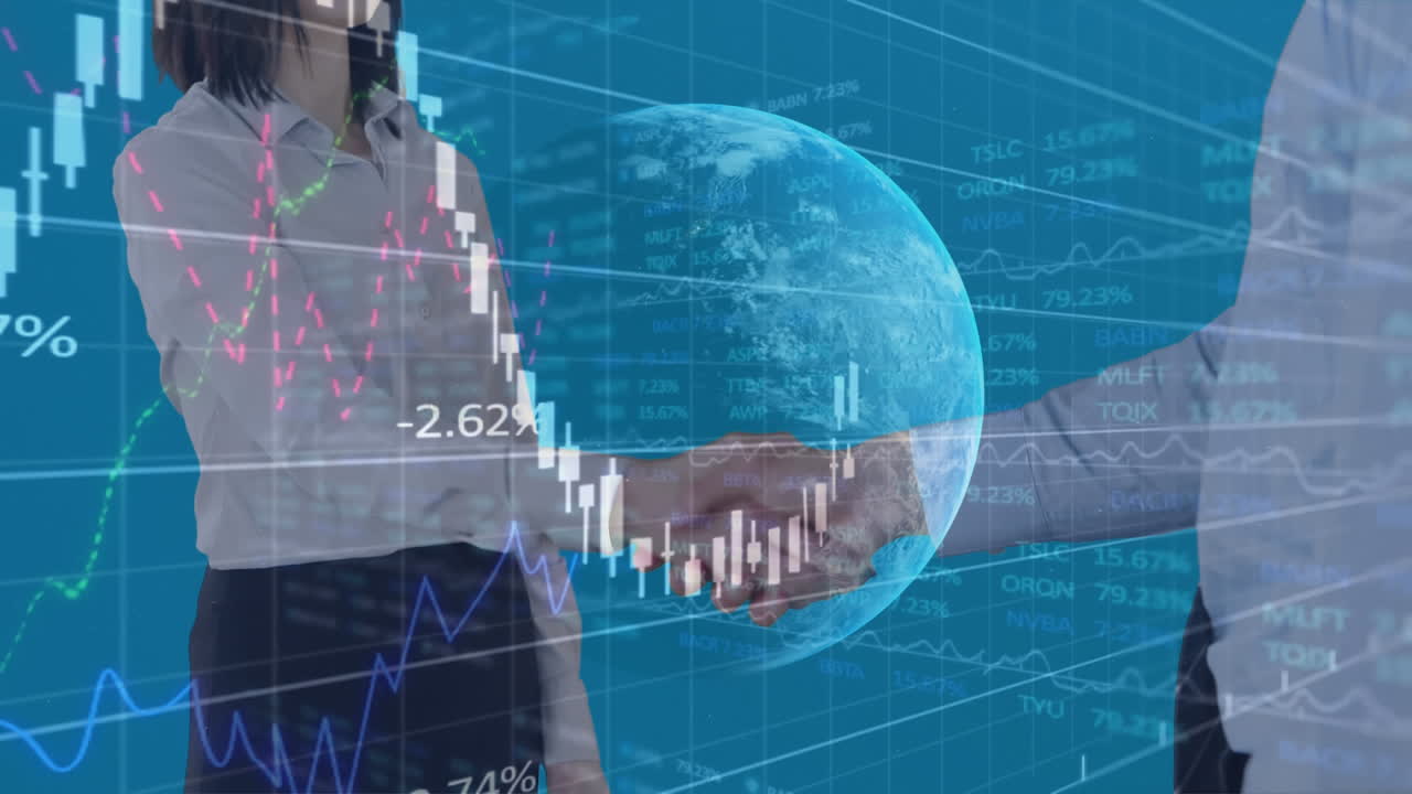 procesamiento de datos financieros en todo el mundo contra los empresarios que se dan la mano