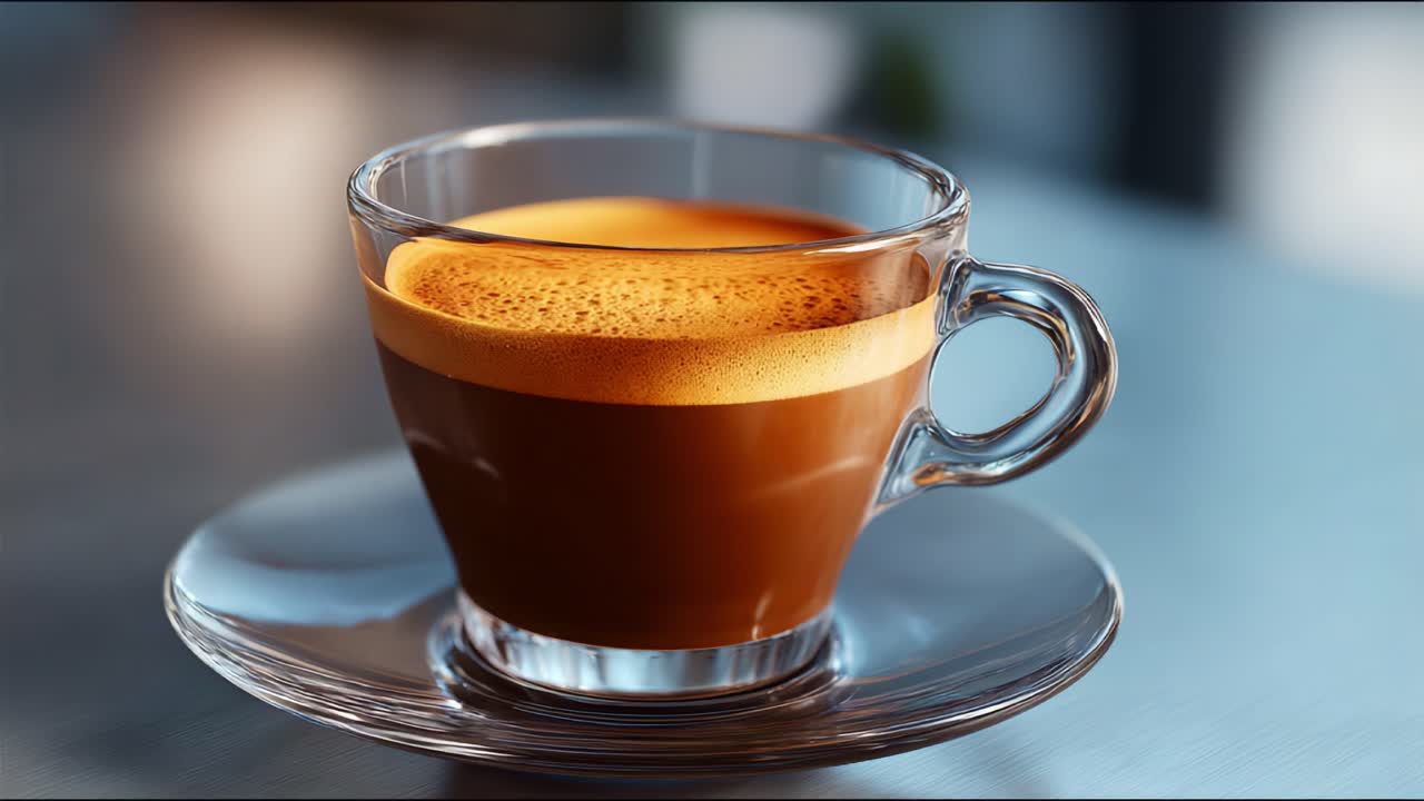 Un espresso preparato ad arte in una tazza trasparente, catturato in alta definizione, che mette in mostra colori intensi e una texture perfetta per gli amanti del caffè e gli appassionati di fotografia