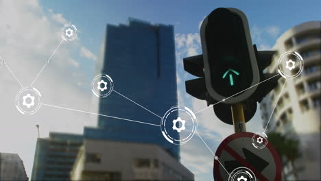 animación de la red de conexiones con iconos sobre semáforos y paisaje urbano