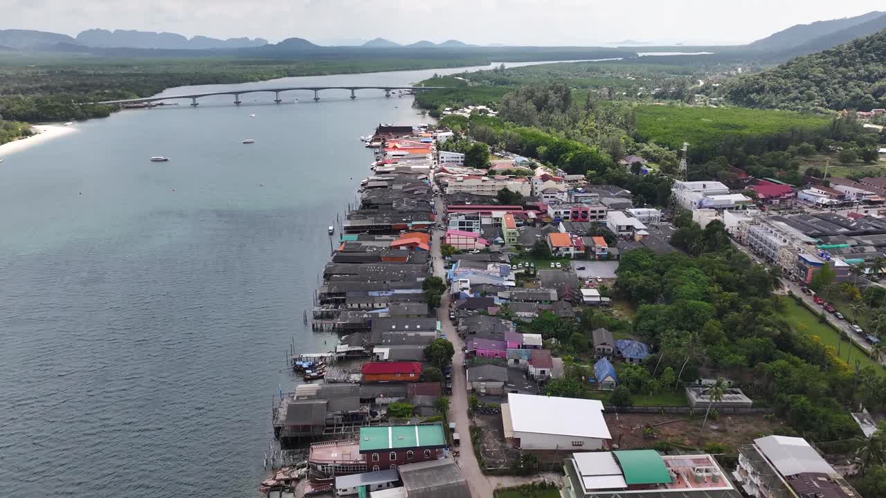 Coastal Town With Siri Lanta Bridge In Ko Lanta District, Krabi, Thailand. Aerial Drone Shot