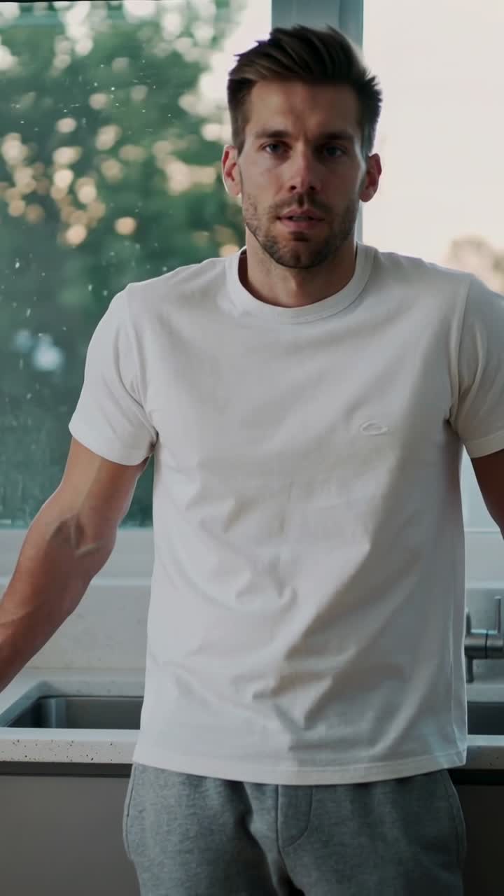 Video verticale: Uomo che trattiene il respiro, apre gli occhi e prepara le parole in cucina, indossando una maglietta bianca.