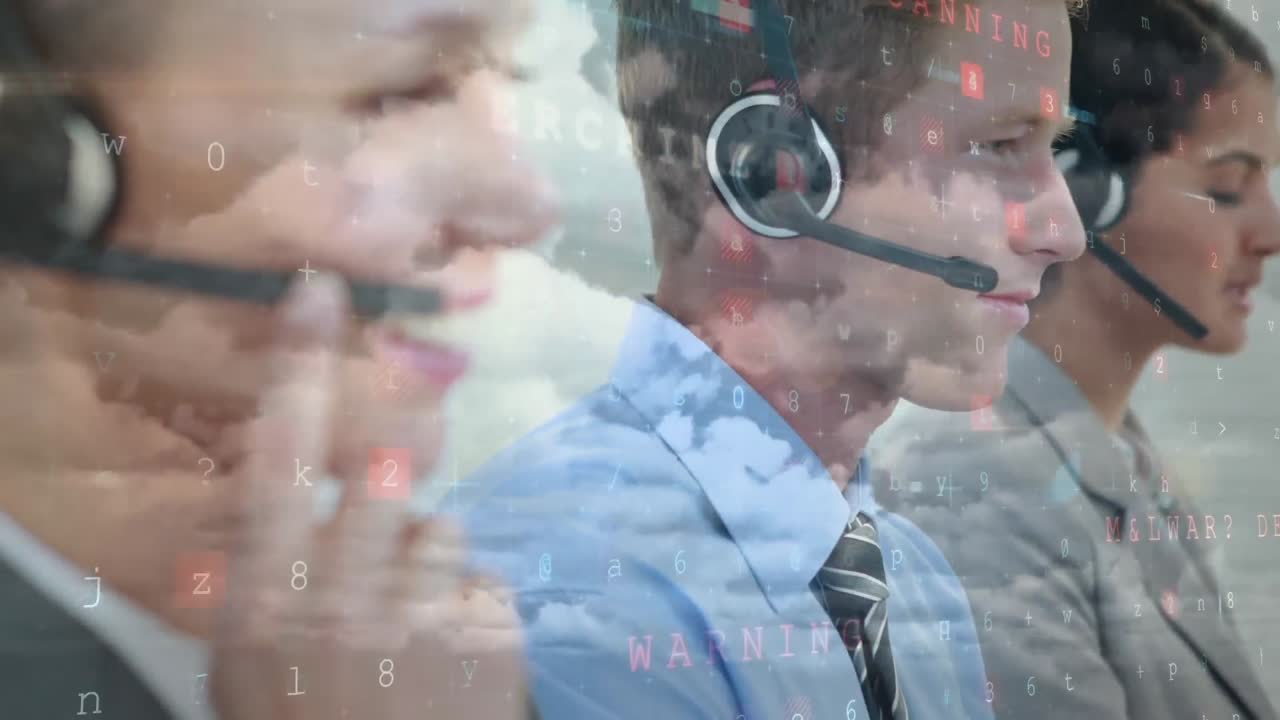 animación del procesamiento de datos de ataques cibernéticos sobre personas de negocios que usan auriculares telefónicos