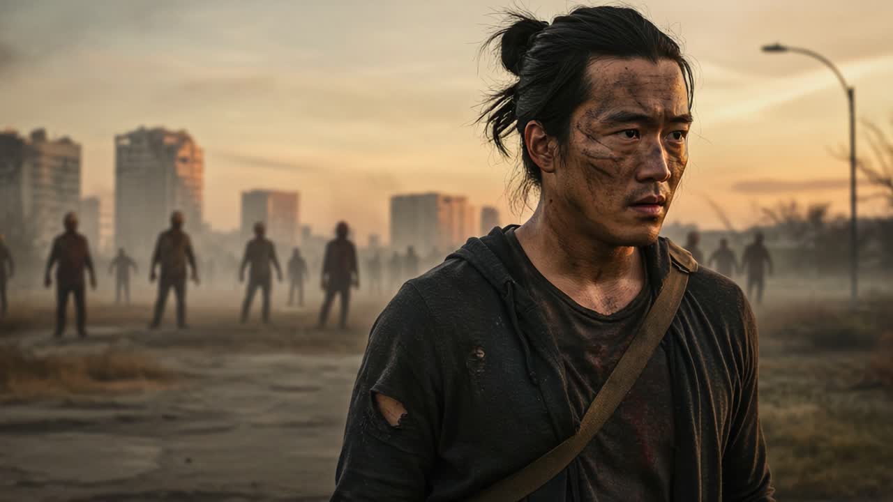 A lone survivor stands resolute against the backdrop of a desolate landscape filled with shadowy figures, symbolizing the struggle for survival in a post-apocalyptic world