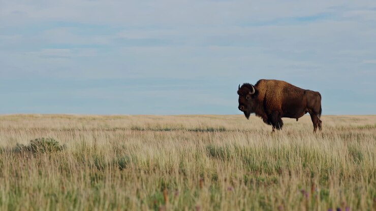 Bisonte in un campo erboso