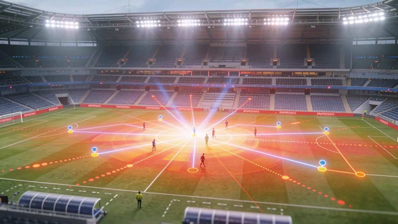 Bursting center overlay projecting nodes at stadium, mapping dark-kit players and yellow official