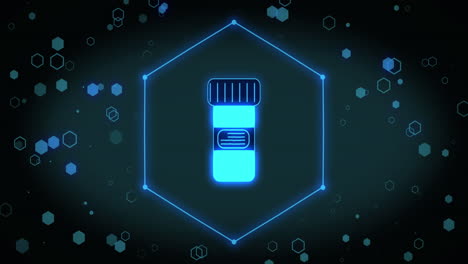 animación del icono de la caja de medicamentos sobre hexágonos sobre fondo negro