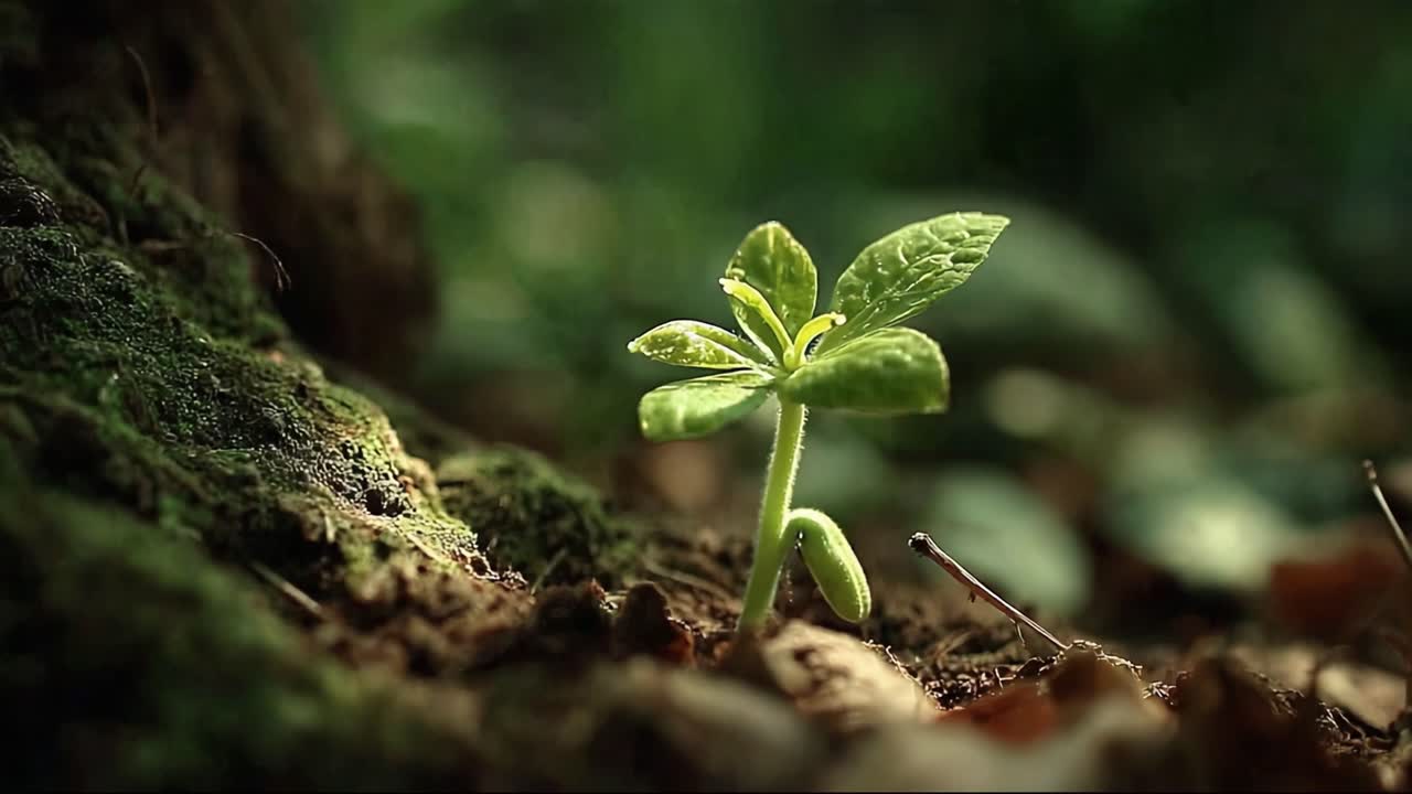 A Delicate Seedling Emerges from the Earth, Signifying New Beginnings and the Vitality of Nature, Captured in Stunning Close-Up Detail Against a Lush Green Background
