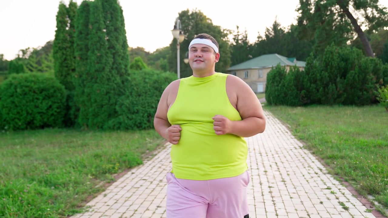 Uomo in sovrappeso determinato che fa jogging all'aperto in un parco
