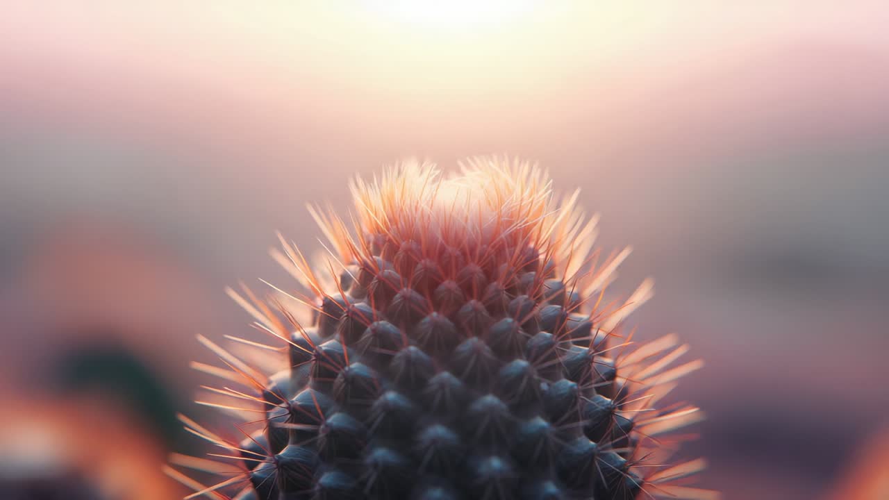 Catching single spiky plant bud soaking up rising sun backlight at sunrise, revealing fine hairs
