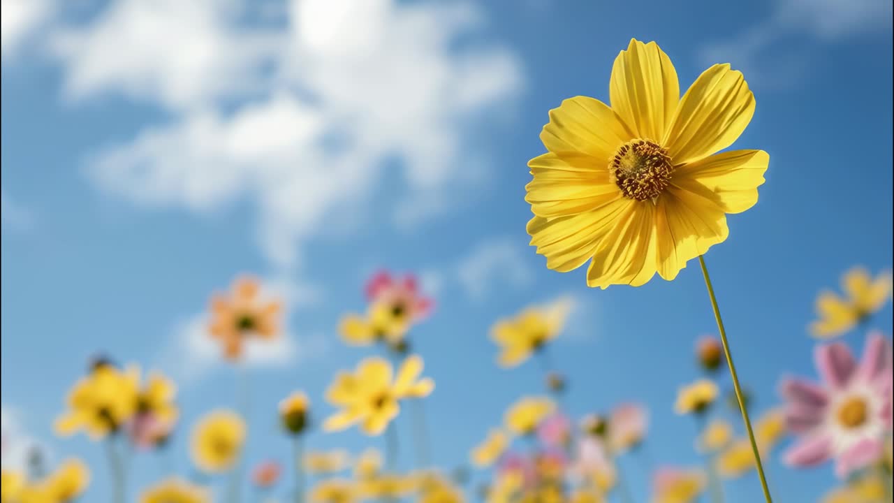 Blooming yellow cosmos flower in the foreground with colorful blooms blurred in the background under a bright blue sky dotted with white clouds
