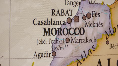 close-up view of a map showing morocco and its major cities