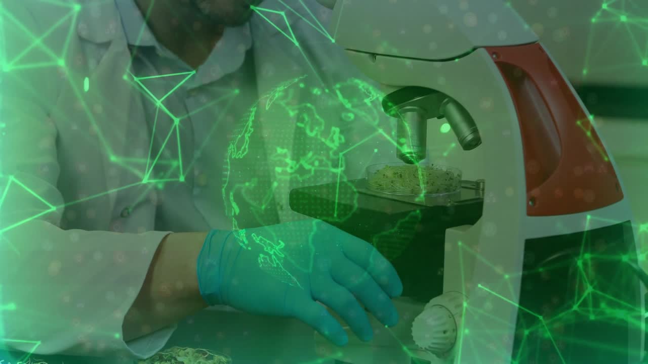 Scientist placing slide under microscope then adjusting knob, animating network globe for science