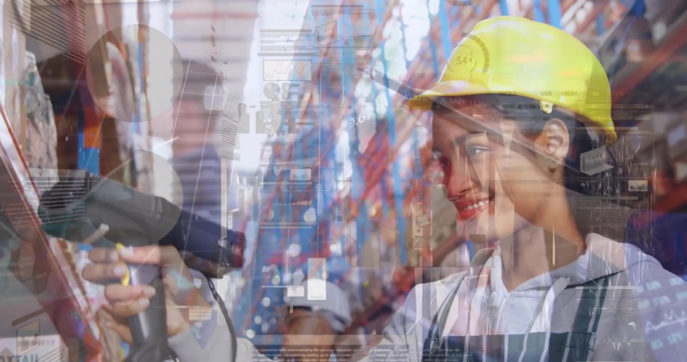 Animazione di elaborazione dati su un'immagine di scansione di merci in magazzino
