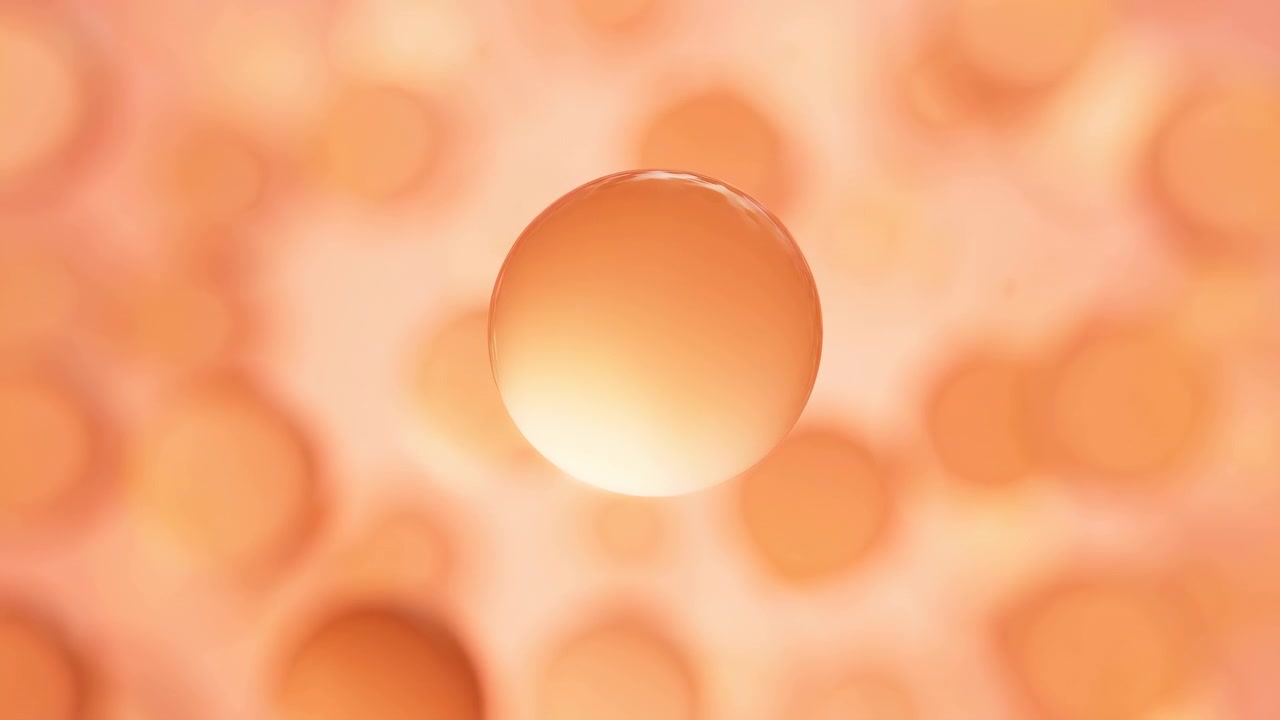 Sfera arancione traslucida singola sospesa su uno sfondo bokeh arancione cremoso e sfocato, con un caldo bagliore interno, riflessi speculari lucidi, sfumature morbide, profondità delicata e forma astratta raffinata