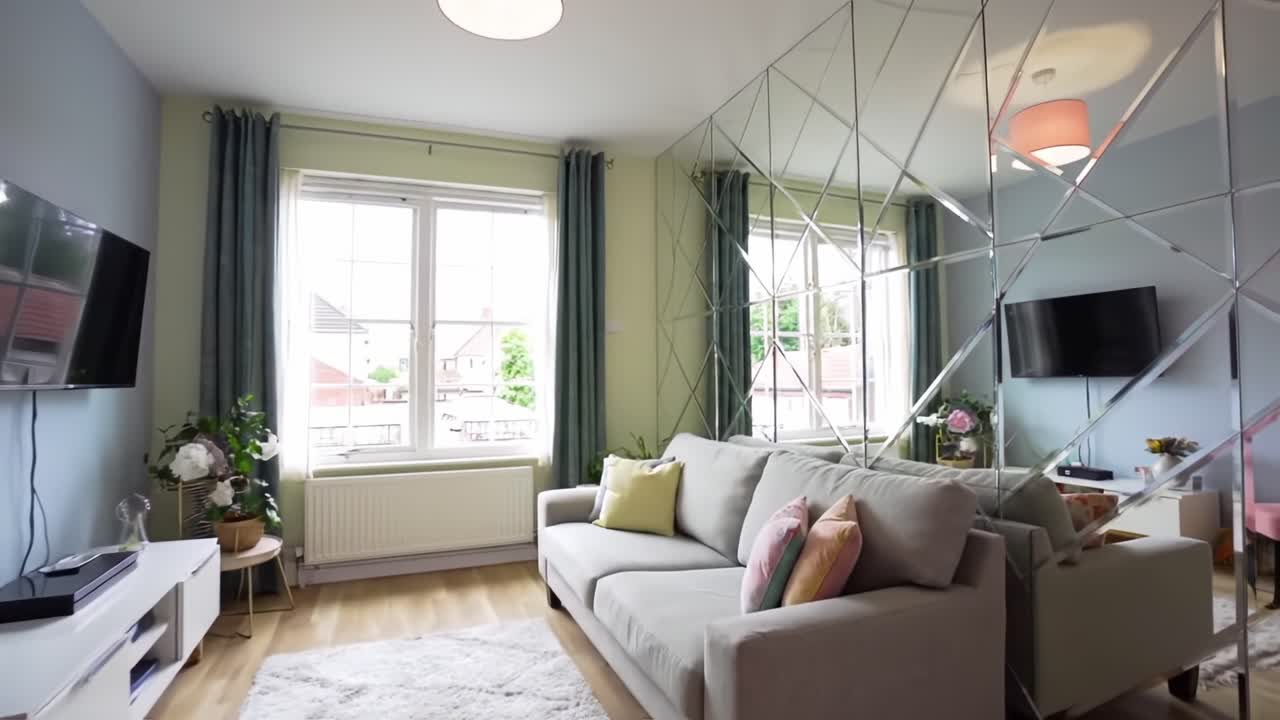 Bright and Modern Living Room Interior Featuring a Cozy Sofa, Elegant Décor, and Stylish Lighting in a Fresh Color Palette for Comfortable Home Atmosphere