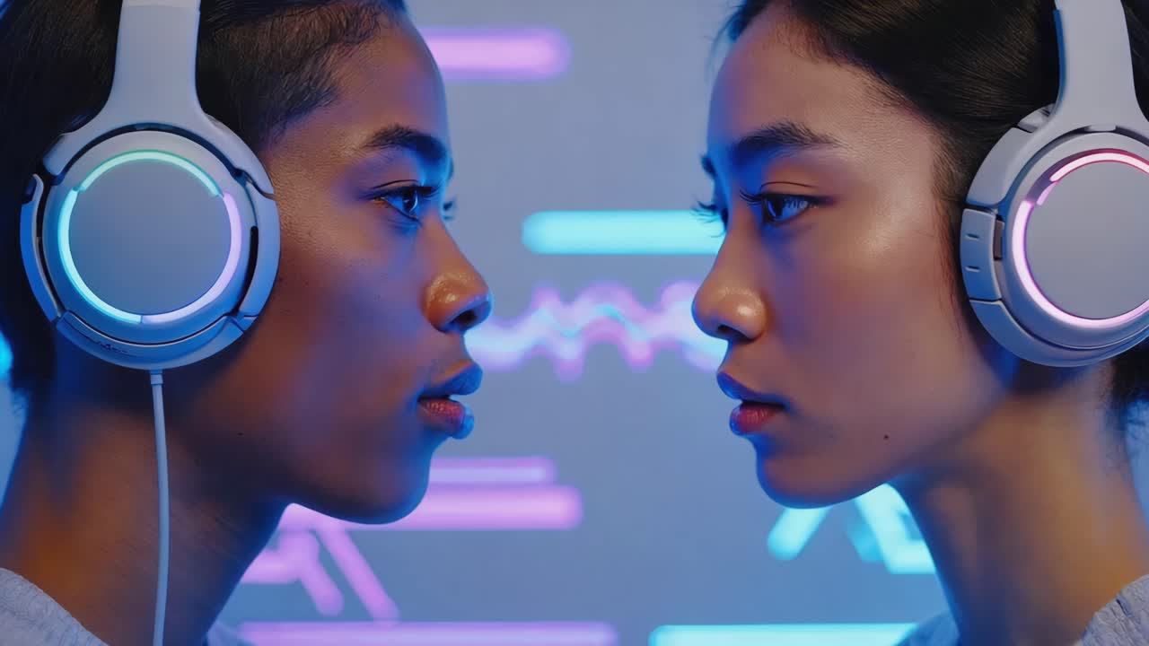 Two Young Women in Headphones with Neon Lights Background