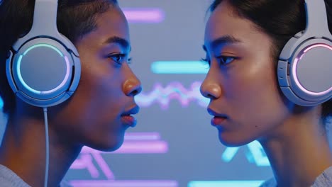 two young women in headphones with neon lights background
