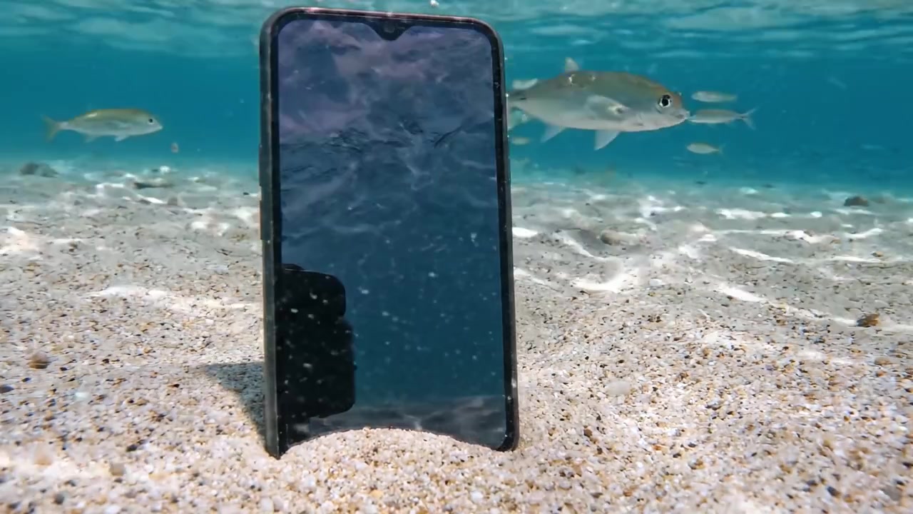 A Submerged Smartphone Capturing Reflections and Marine Life Beneath Clear Waters: Exploring the Interaction of Technology and Nature